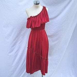 Ladies vintage Young Reflections dress, one shoulder w ruffle, garnet, sz S